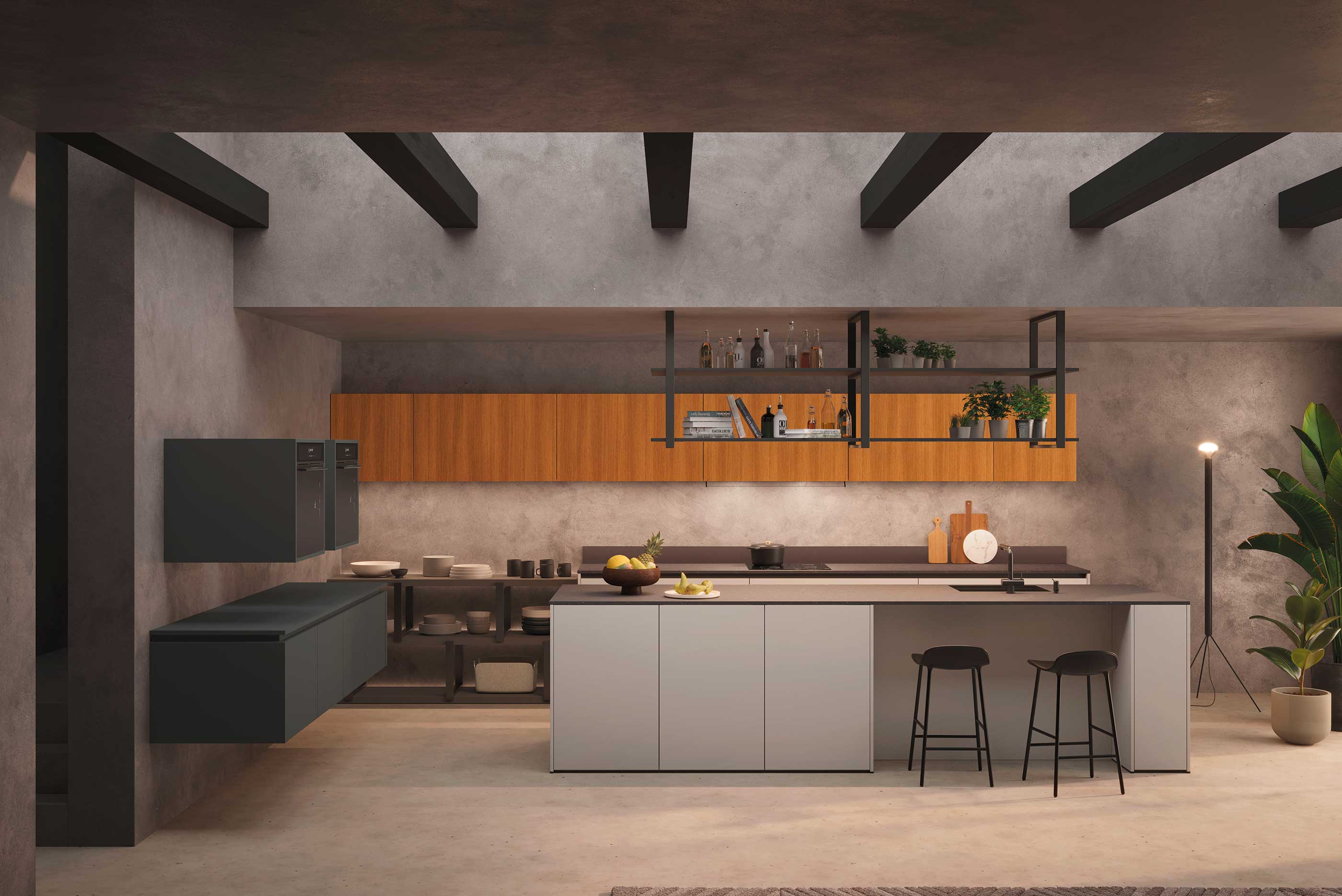 Moderne Wohnküche mit Regalen